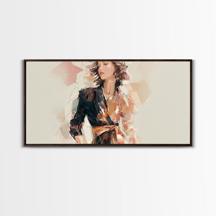 Colorful Fashion Illustration of a Stylish Woman Framed Canvas Print, Hair Salon Art, Black Art, Living Room Decor, Style, HSA-2x1-81