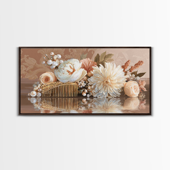 Baroque Mirror and Comb Still Life Framed Canvas Print, Hair Salon Art, Printable Art, Living Room Decor, Fine Art, Style, HSA-2x1-85