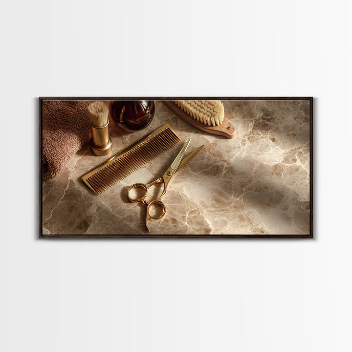 Gold Scissors and Comb Still Life on Canvas Print, Hair Salon Art, Wall Decor, Living Room Decor, Fine Art, Style, African Art, HSA-2x1-94