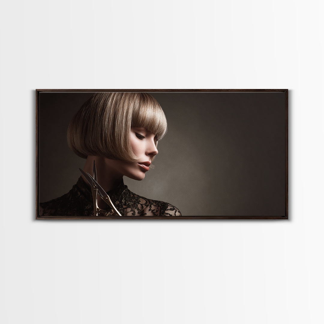 Woman with Dramatic Bob Haircut in Art Framed Canvas Print, Hair Salon Art, Black and White Art, Living Room Decor, Style, HSA-2x1-96