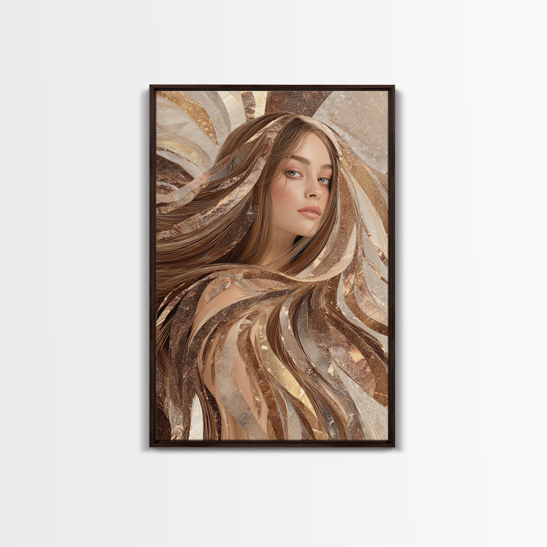 Fashion Portrait with Flowing Glossy Hair Framed Canvas Print, Hair Salon Art, Metal Wall Art, Living Room Decor, Style, HSA-2x3-33