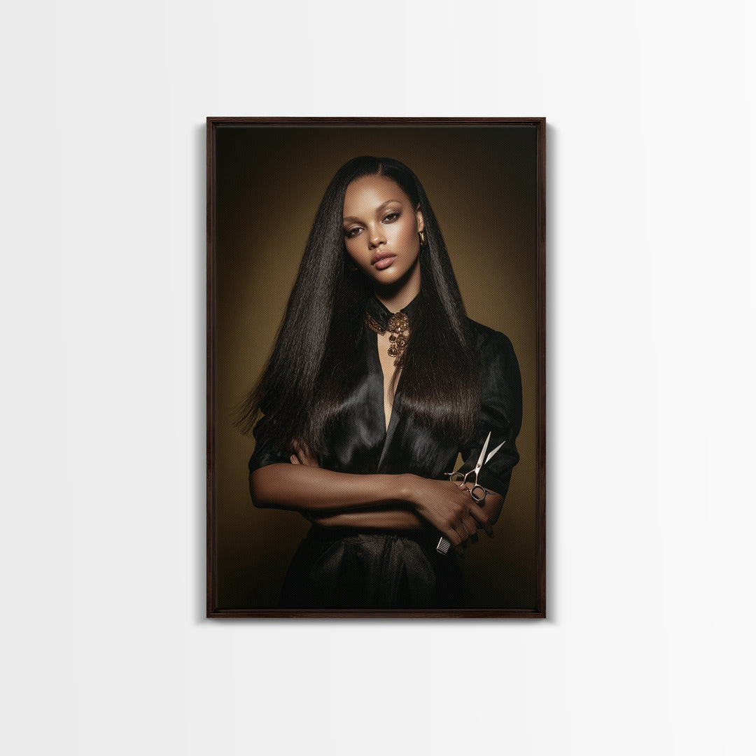 Luxury Black and Gold Beauty Emblem Framed Canvas Print, Hair Salon Art, Gallery Decor, Living Room Decor, Abstract Art, Style, HSA-2x3-56