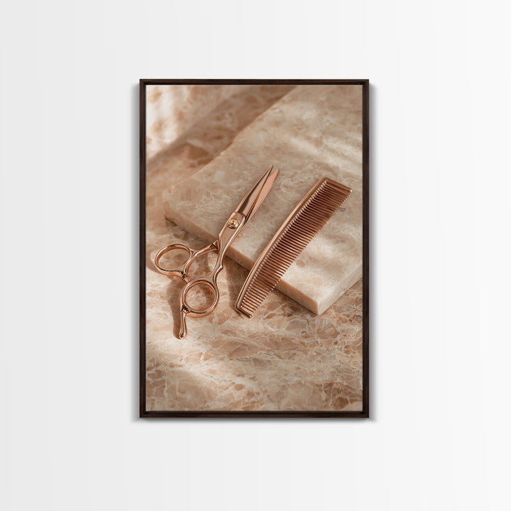 Gold Scissors and Comb Still Life on Canvas Print, Hair Salon Art, Art Print, Living Room Decor, Style, Black Owned Art, HSA-2x3-58