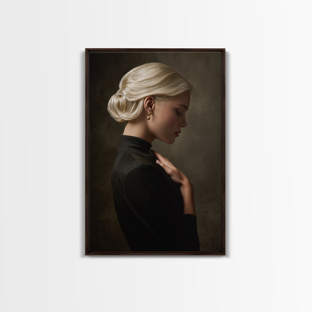 Minimal Female Profile Framed Canvas Print, Hair Salon Art, Metal Wall Art, Living Room Decor, Style, Black and White Art, HSA-2x3-68
