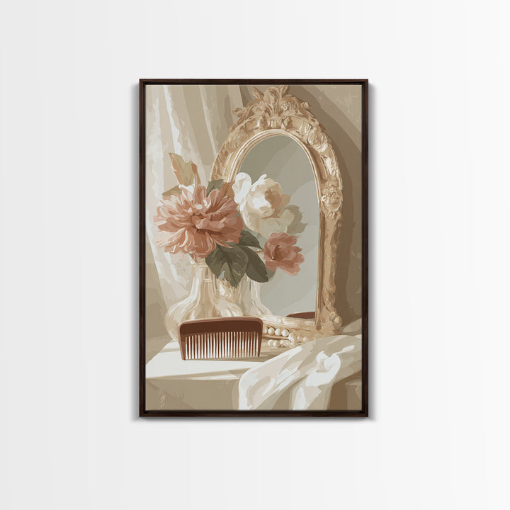 Baroque Mirror and Comb Still Life Framed Canvas Print, Hair Salon Art, Modern Art, Living Room Decor, Fine Art, Style, HSA-2x3-73