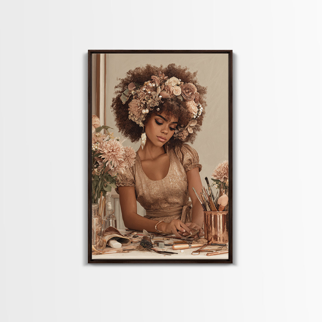 Afro Hair Portrait Framed Canvas Print, Hair Salon Art, African Art, Living Room Decor, Fine Art, Style, Girls Room Decor, HSA-2x3-76
