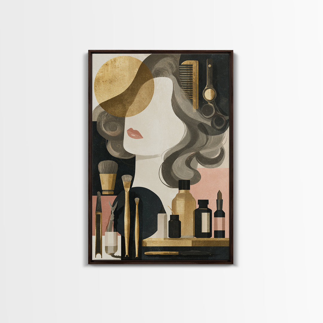 Luxury Black and Gold Beauty Emblem Framed Canvas Print, Hair Salon Art, Living Room Decor, Watercolor Art, Style, HSA-2x3-80