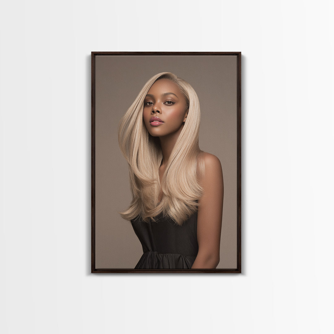 Fashion Portrait with Flowing Glossy Hair Canvas Print, Hair Salon Art, African American Art, Living Room Decor, Style, HSA-2x3-81
