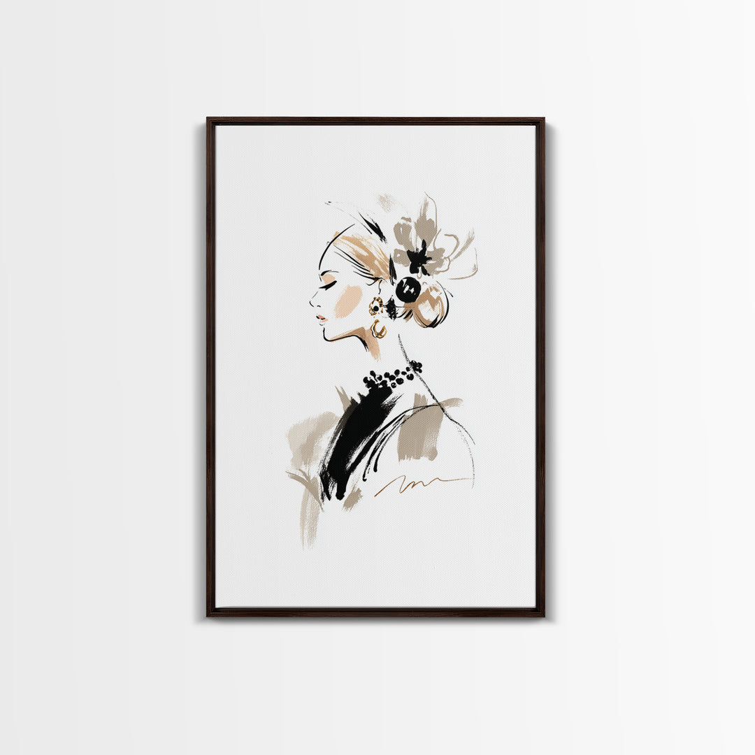 Black and White Line Art Salon Figure Framed Canvas Print, Hair Salon Art, African Art, Living Room Decor, Fine Art, Style, HSA-2x3-87