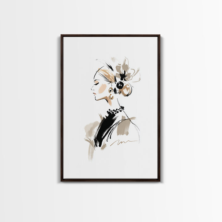 Black and White Line Art Salon Figure Framed Canvas Print, Hair Salon Art, African Art, Living Room Decor, Fine Art, Style, HSA-2x3-87