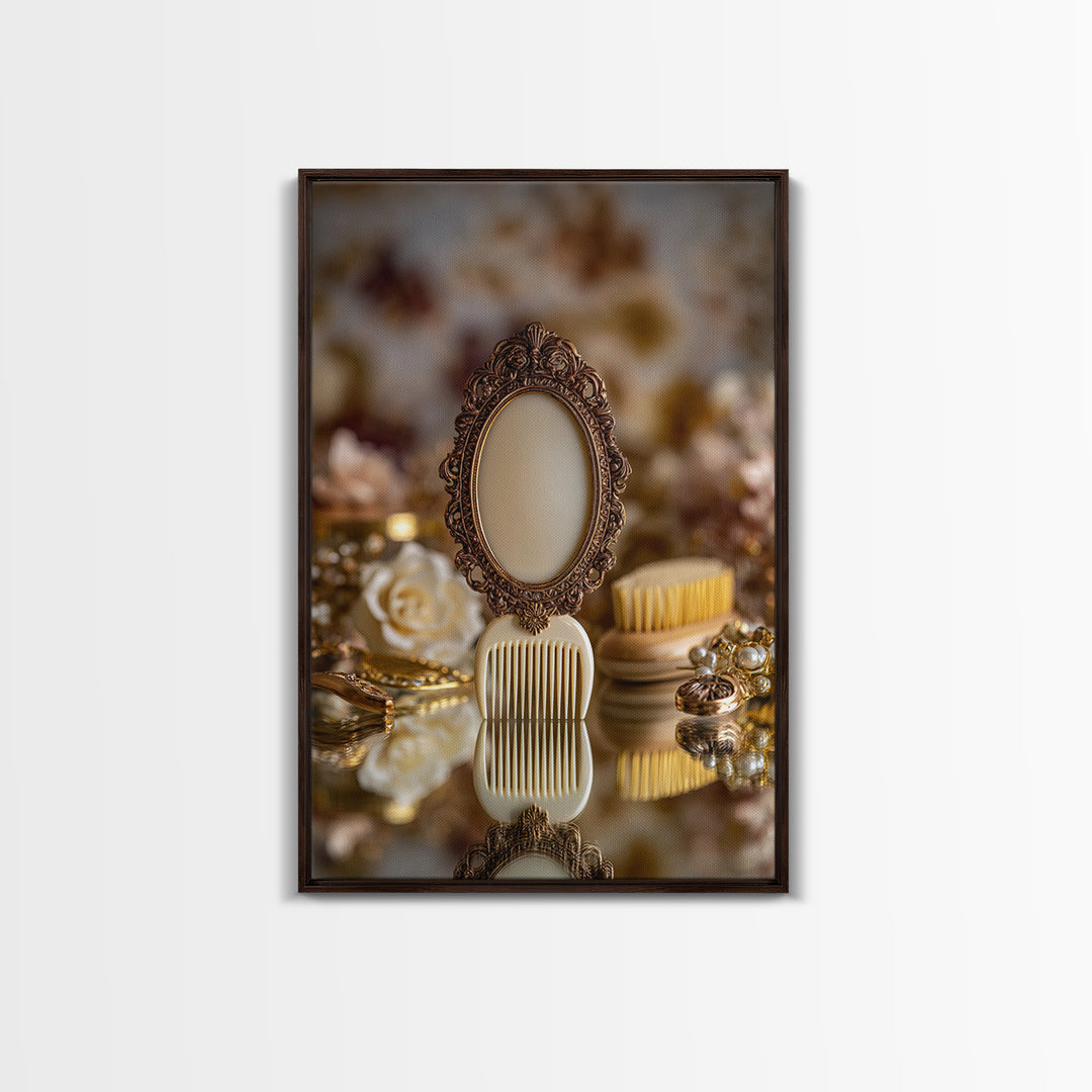 Baroque Mirror and Comb Still Life Framed Canvas Print, Hair Salon Art, Modern Art, Living Room Decor, Fine Art, Style, HSA-2x3-97