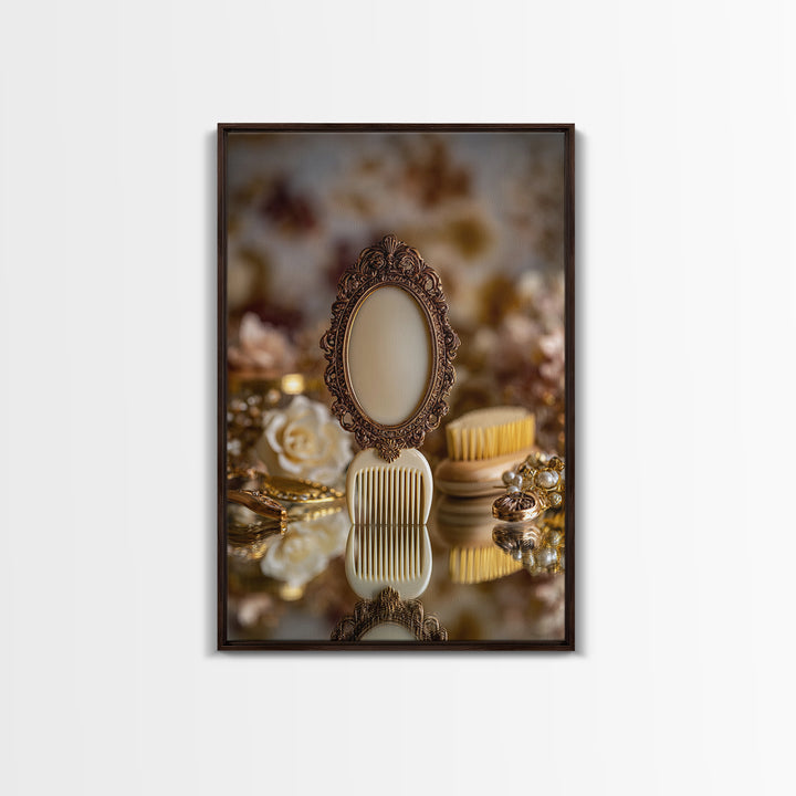 Baroque Mirror and Comb Still Life Framed Canvas Print, Hair Salon Art, Modern Art, Living Room Decor, Fine Art, Style, HSA-2x3-97