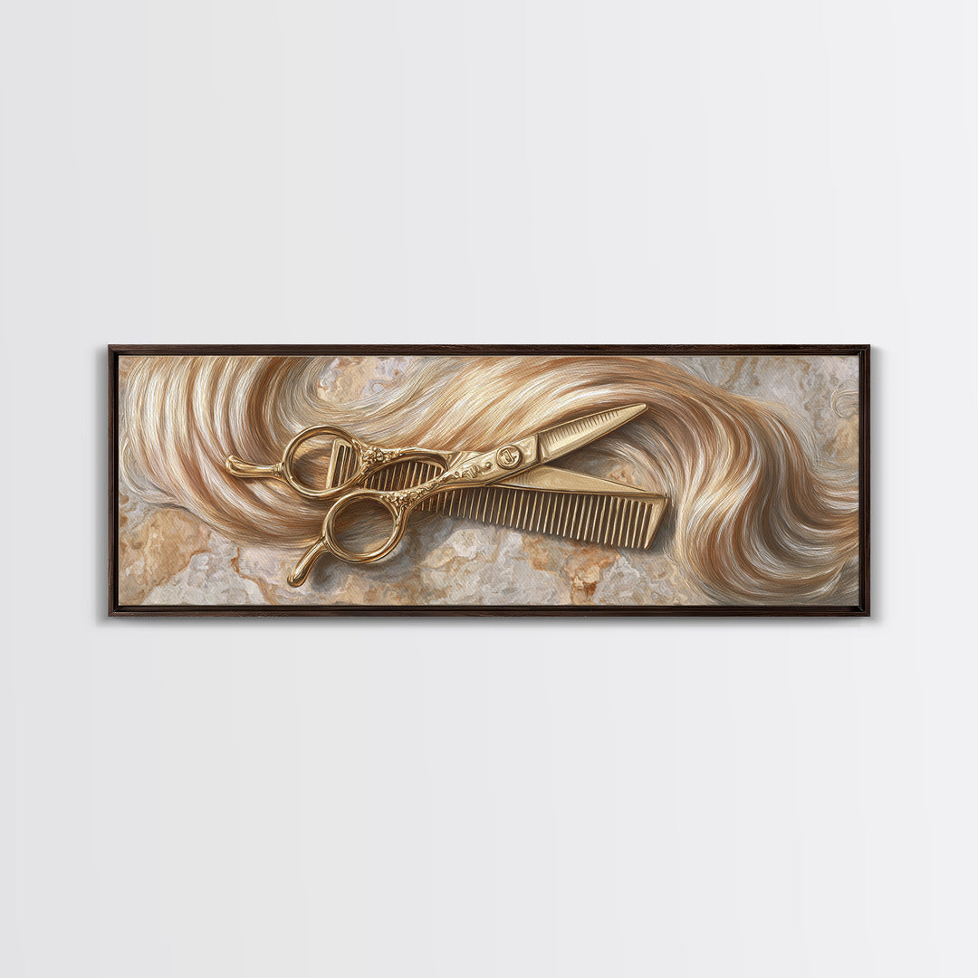 Gold Scissors and Comb Still Life on Framed Canvas Print, Hair Salon Art, Black Art, Living Room Decor, Fine Art, Style, HSA-3x1-18