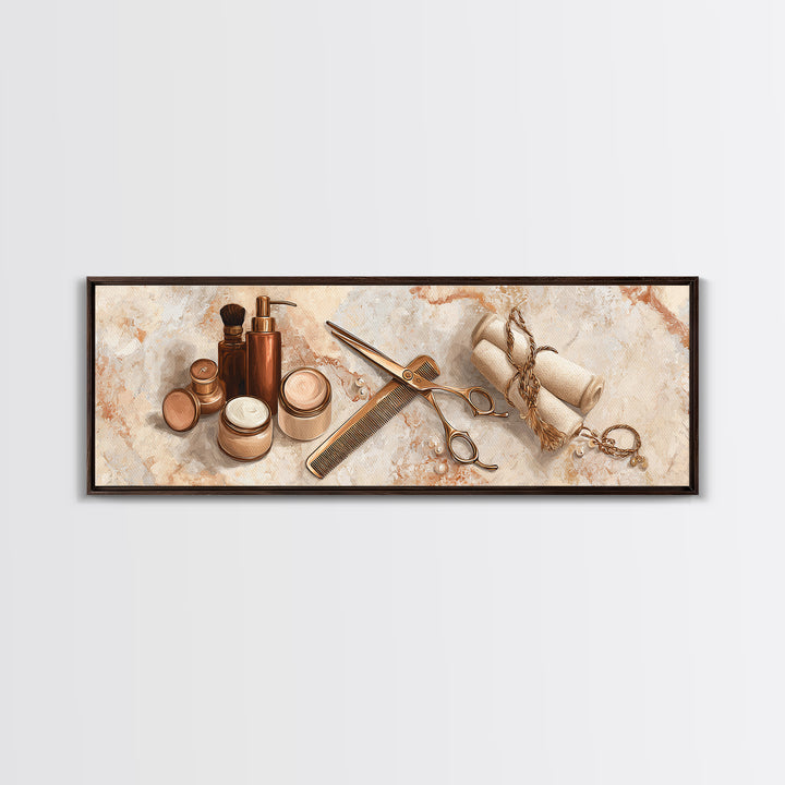 Gold Scissors and Comb Still Life on Canvas Print, Hair Salon Art, Black Art Prints, Living Room Decor, Fine Art, Style, HSA-3x1-42