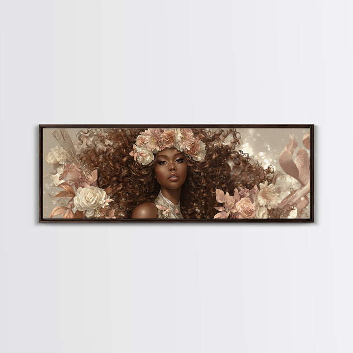 Afro Hair Portrait Framed Canvas Print, Hair Salon Art, Statement Artwork, Living Room Decor, Oil Painting, Style, HSA-3x1-60