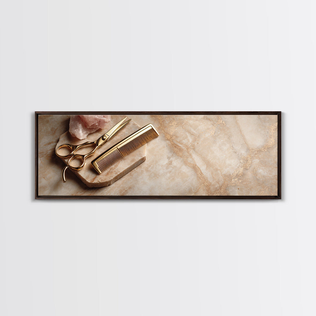 Gold Scissors and Comb Still Life on Canvas Print, Hair Salon Art, Black Art Prints, Living Room Decor, Fine Art, Style, HSA-3x1-66