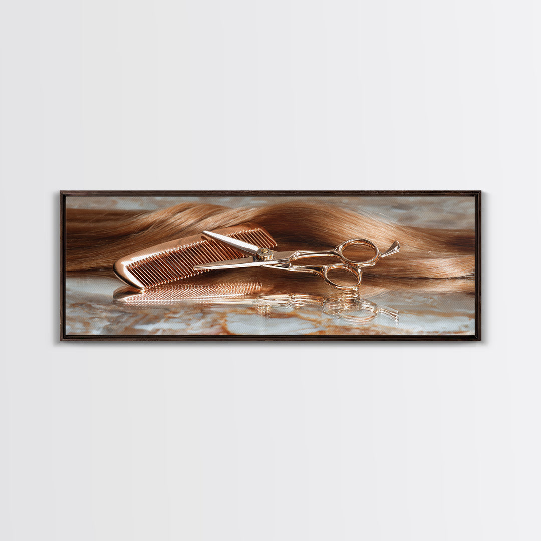 Rose Gold Salon Tool Still Life Canvas Print, Hair Salon Art, Art, Living Room Decor, Fine Art, Style, Black Art Prints, HSA-3x1-78