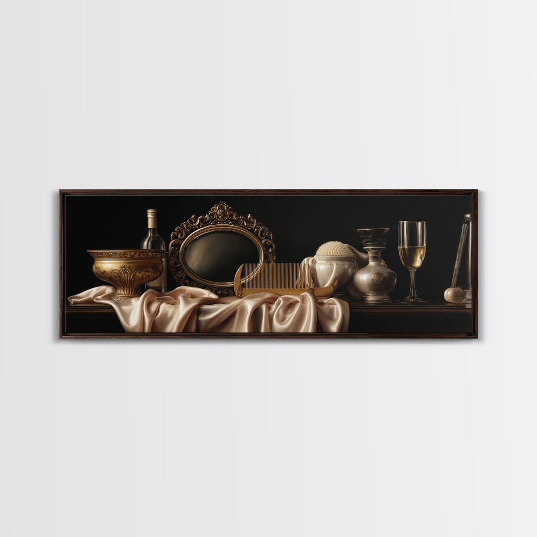 Baroque Mirror and Comb Still Life Framed Canvas Print, Hair Salon Art, Black Girl Art, Living Room Decor, Fine Art, Style, HSA-3x1-81