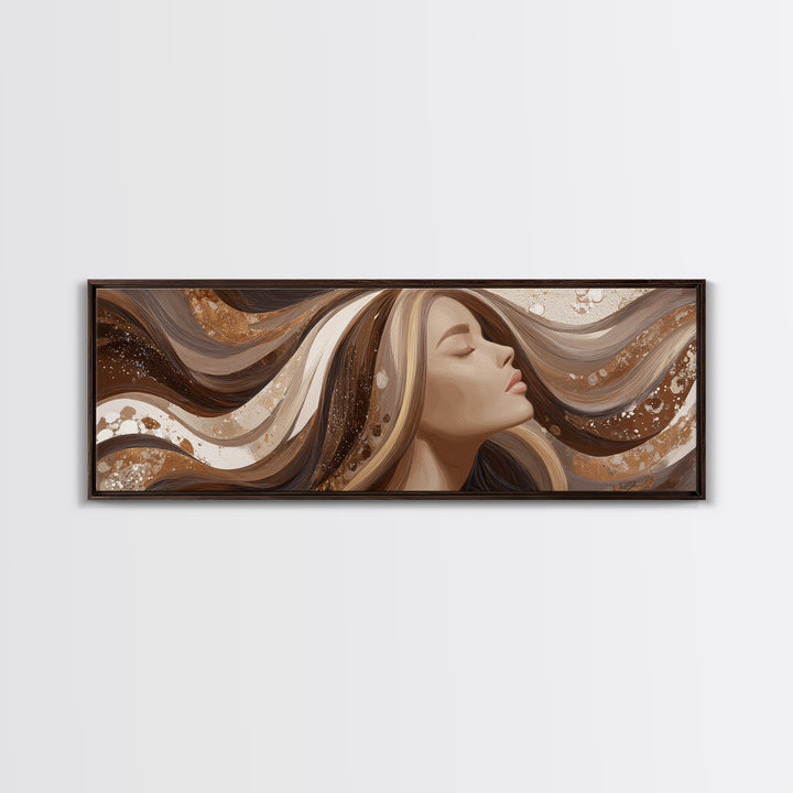 Fashion Portrait with Flowing Glossy Hair Framed Canvas Print, Hair Salon Art, Salon, Living Room Decor, Fine Art, Style, HSA-3x1-89