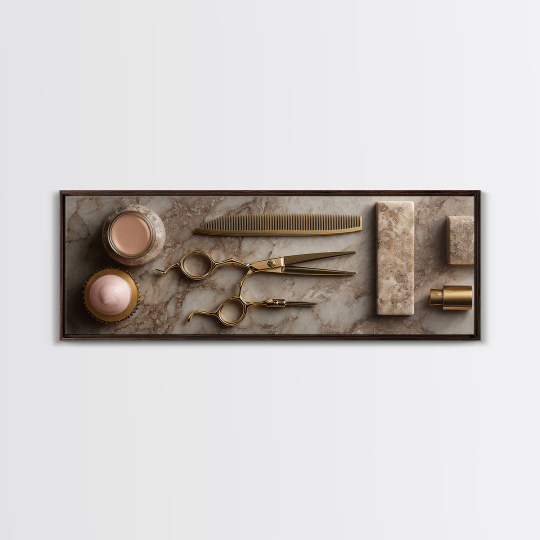 Gold Scissors and Comb Still Life on Framed Canvas Print, Hair Salon Art, Black and White Art, Living Room Decor, Style, HSA-3x1-90