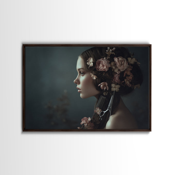 Botanical Hairstyle Portrait Framed Canvas Print, Hair Salon Art, Modern Art, Living Room Decor, Oil Painting, Style, HSA-3x2-10