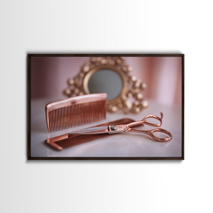 Rose Gold Salon Tool Still Life Framed Canvas Print, Hair Salon Art, Metal Wall Art, Living Room Decor, Fine Art, Style, HSA-3x2-18