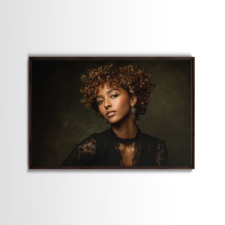 Curly Hair Portrait Framed Canvas Print, Hair Salon Art, Afrocentric Art, Living Room Decor, Fine Art, Style, Statement Artwork, HSA-3x2-19