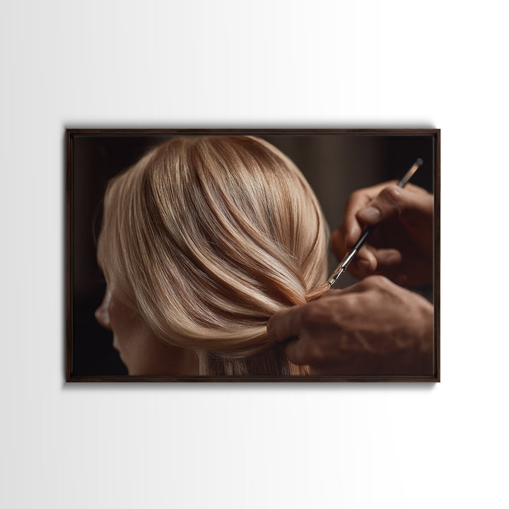 Elegant Hands Styling Hair Framed Canvas Print, Hair Salon Art, Digital Prints, Living Room Decor, Style, Black Woman Art, HSA-3x2-2