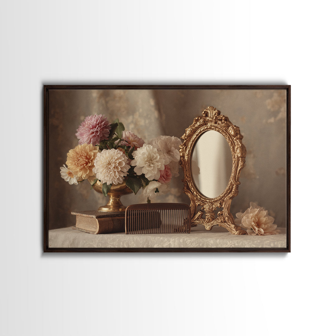 Baroque Mirror and Comb Still Life Canvas Print, Hair Salon Art, Black Owned Art, Living Room Decor, Fine Art, Style, HSA-3x2-21