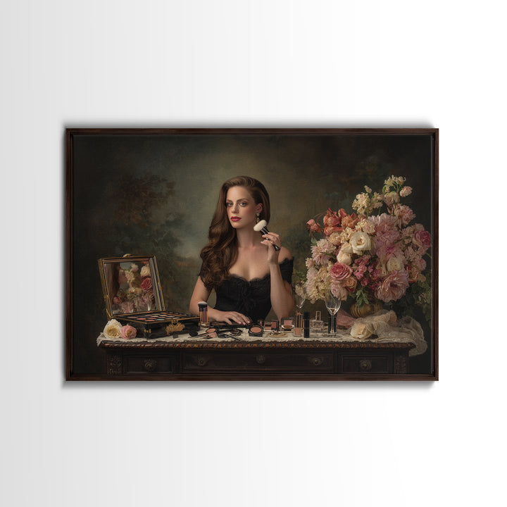 Makeup Palette and Flowers Arrangement Canvas Print, Hair Salon Art, Black Art, Living Room Decor, Watercolor Art, Style, HSA-3x2-22