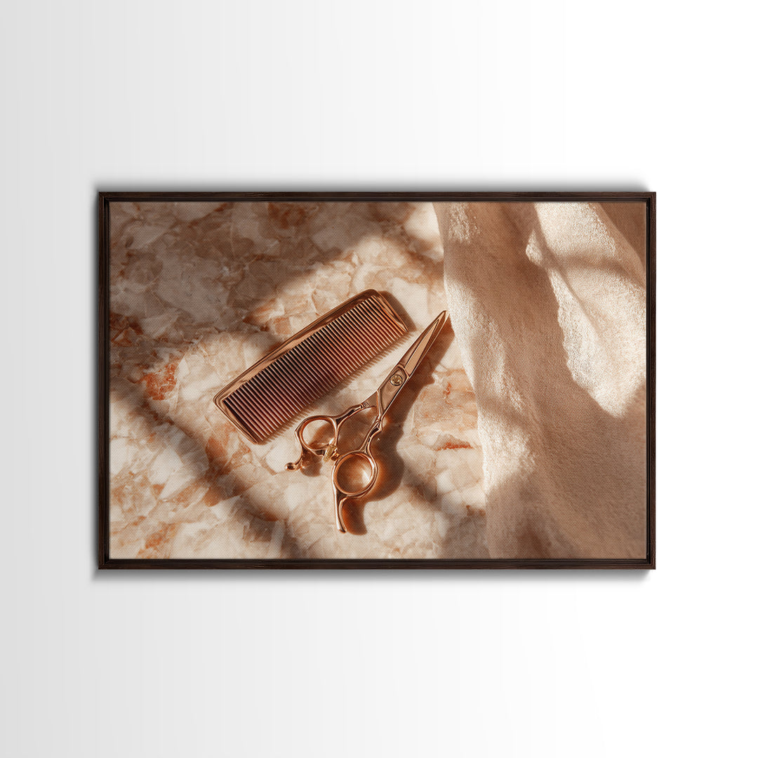 Gold Scissors and Comb Still Life on Canvas Print, Hair Salon Art, Black Woman Art, Living Room Decor, Fine Art, Style, HSA-3x2-30