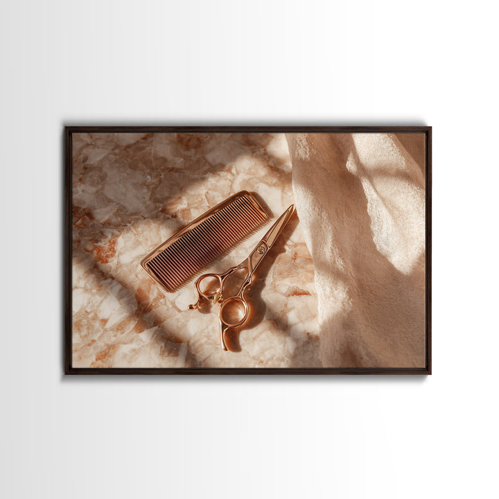 Gold Scissors and Comb Still Life on Canvas Print, Hair Salon Art, Black Woman Art, Living Room Decor, Fine Art, Style, HSA-3x2-30