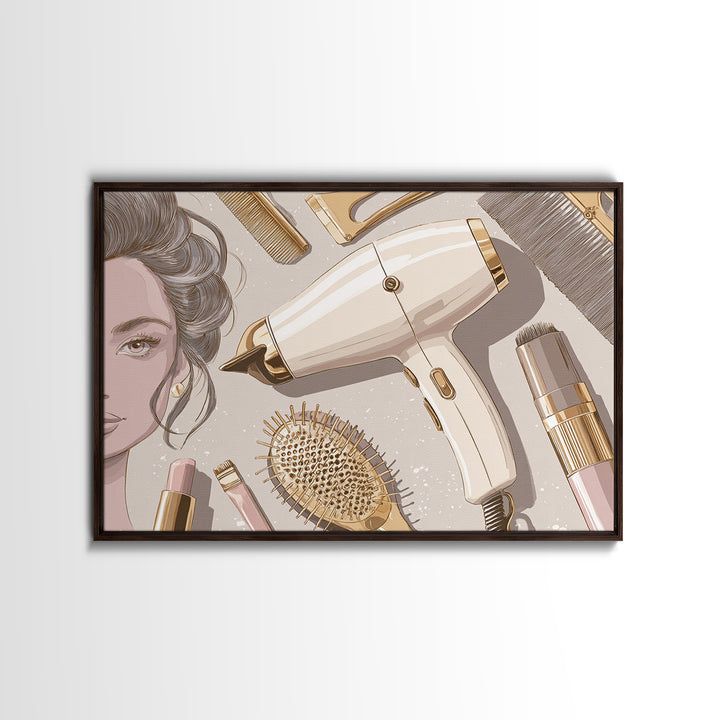 Hairdryer and Brush Canvas Print, Hair Salon Art, Black Girl Art, Living Room Decor, Oil Painting, Style, Modern Decor, HSA-3x2-37