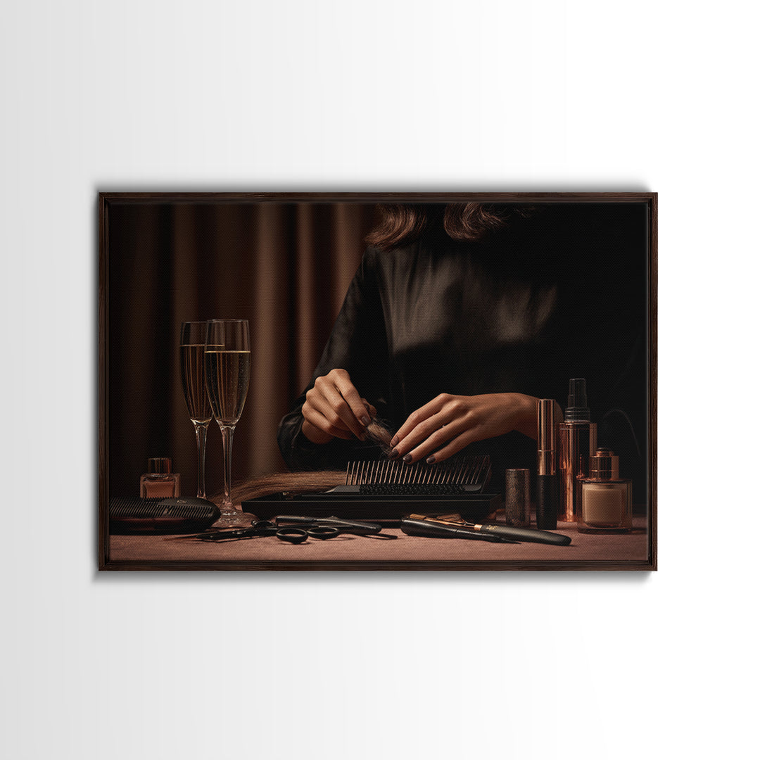 Elegant Hands Styling Hair Framed Canvas Print, Hair Salon Art, African Art, Living Room Decor, Oil Painting, Style, HSA-3x2-50