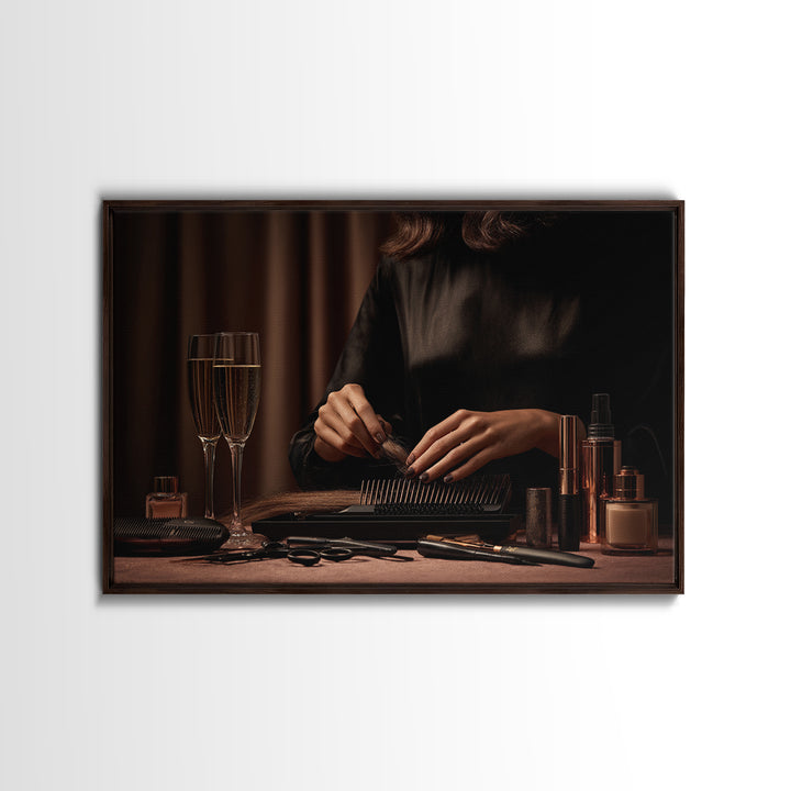 Elegant Hands Styling Hair Framed Canvas Print, Hair Salon Art, African Art, Living Room Decor, Oil Painting, Style, HSA-3x2-50