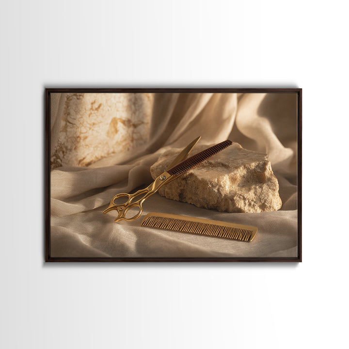 Gold Scissors and Comb Still Life on Canvas Print, Hair Salon Art, Black Woman Art, Living Room Decor, Fine Art, Style, HSA-3x2-54