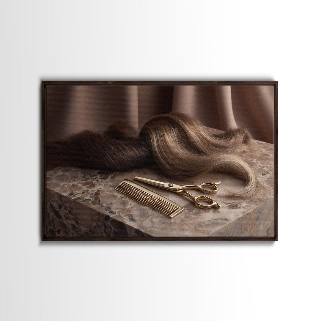 Gold Scissors and Comb Still Life on Framed Canvas Print, Hair Salon Art, Black Wall Art, Living Room Decor, Fine Art, Style, HSA-3x2-6