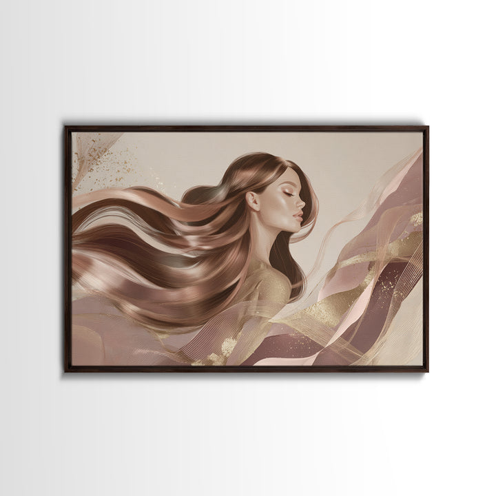 Fashion Portrait with Flowing Glossy Hair Framed Canvas Print, Hair Salon Art, Living Room Decor, Oil Painting, Style, HSA-3x2-77