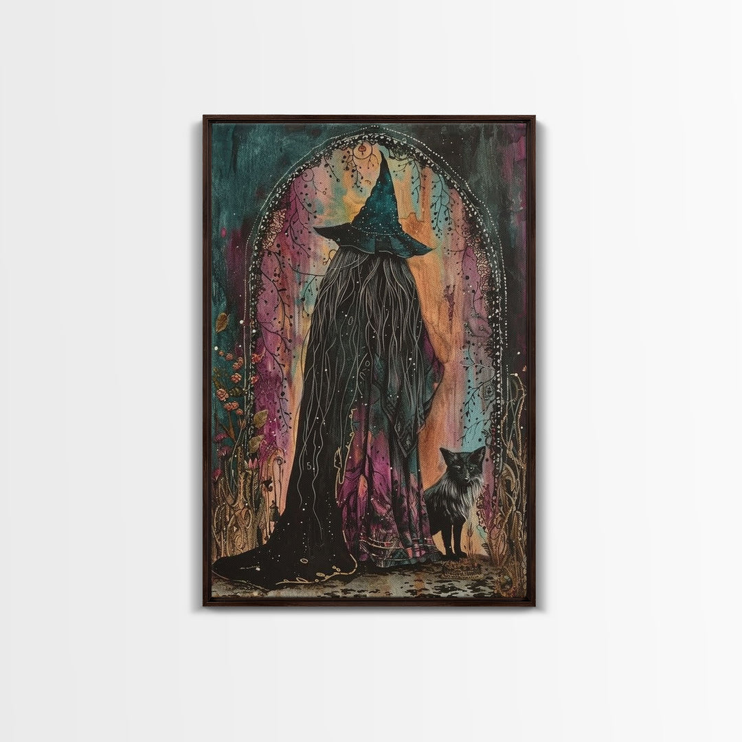 Cottage Core Witch Framed Canvas Print, Springtime Witch, Halloween Art, Halloween Decor, Colorful Halloween Witch Decor Wall Art