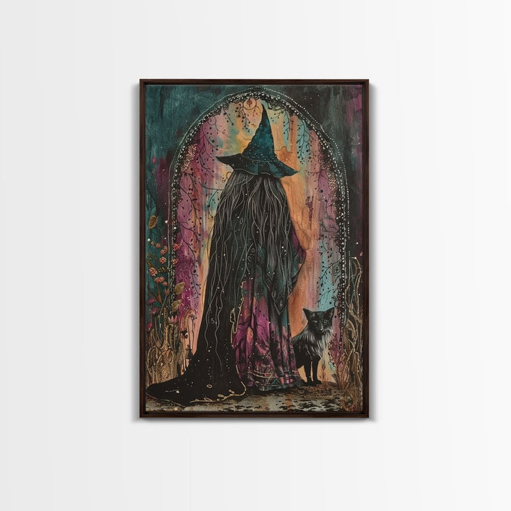Cottage Core Witch Framed Canvas Print, Springtime Witch, Halloween Art, Halloween Decor, Colorful Halloween Witch Decor Wall Art