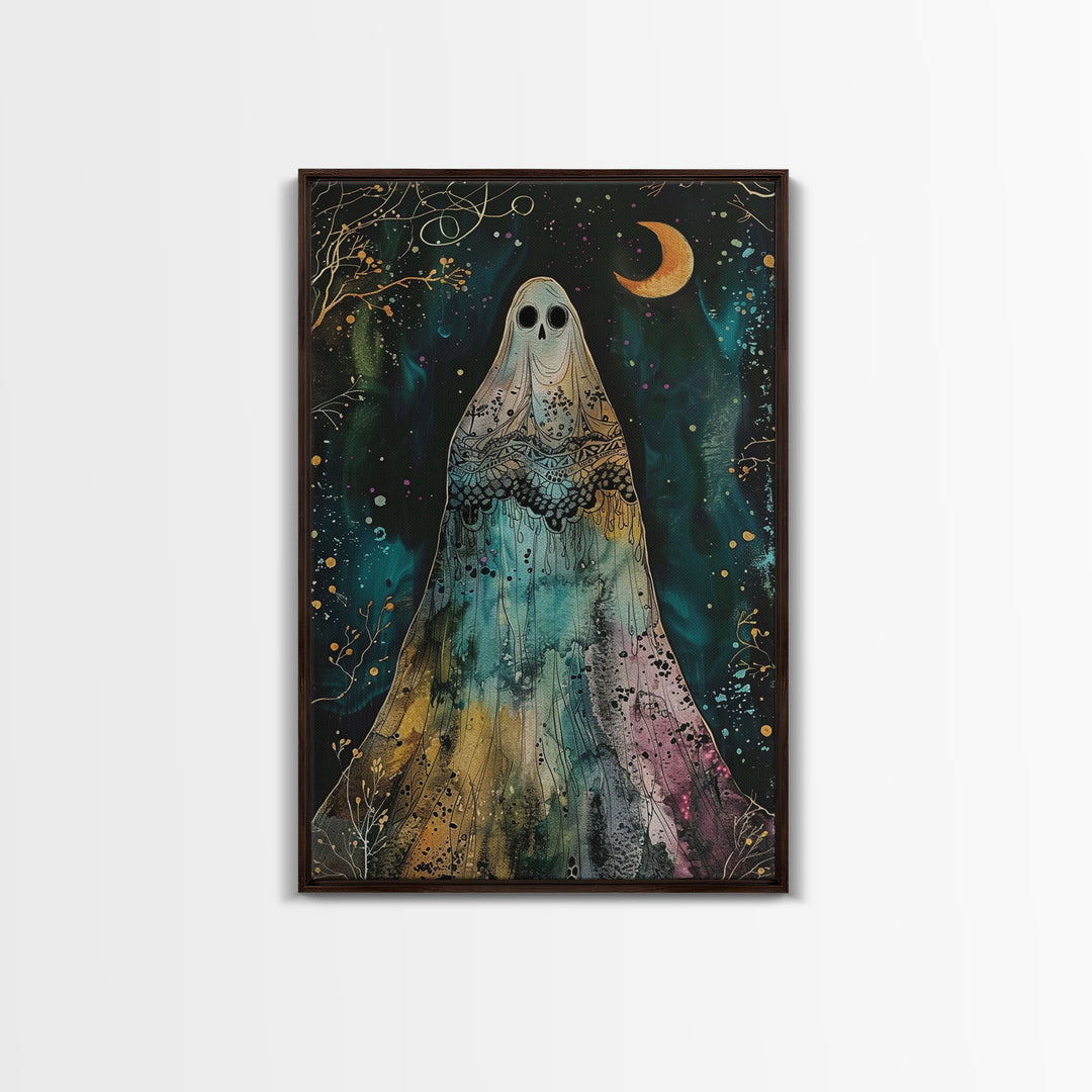 Cottage Core Ghost Decor, Cottagecore Halloween Art Framed Canvas Print, Unique Wall Art, Spooky Season Decor