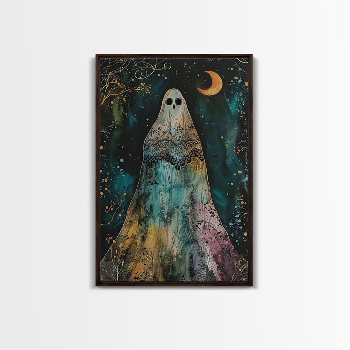 Cottage Core Ghost Decor, Cottagecore Halloween Art Framed Canvas Print, Unique Wall Art, Spooky Season Decor