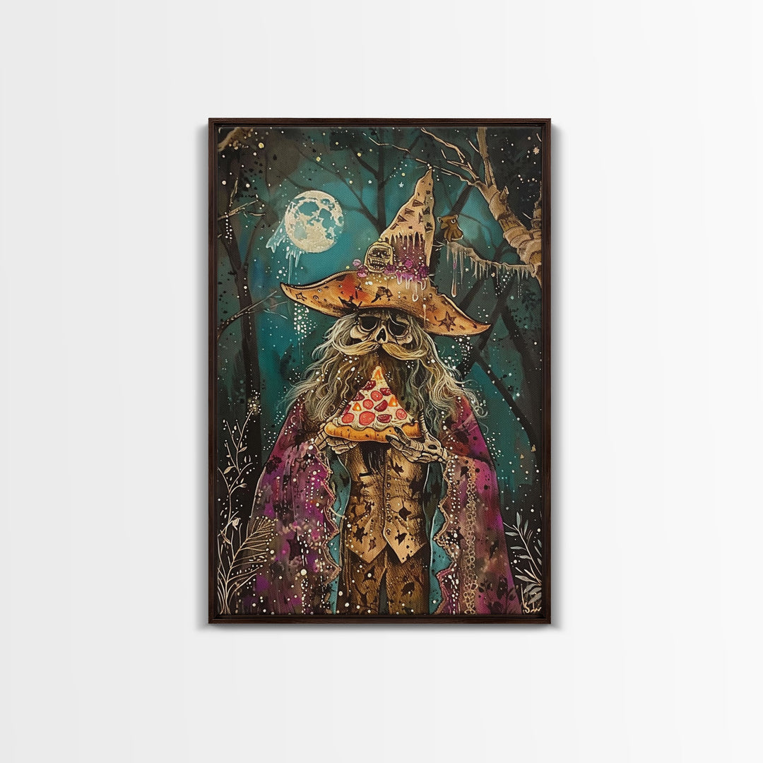 Ghostly Wizard Having A  Slice of Pizza, Funny Halloween Decor, Framed Canvas Print