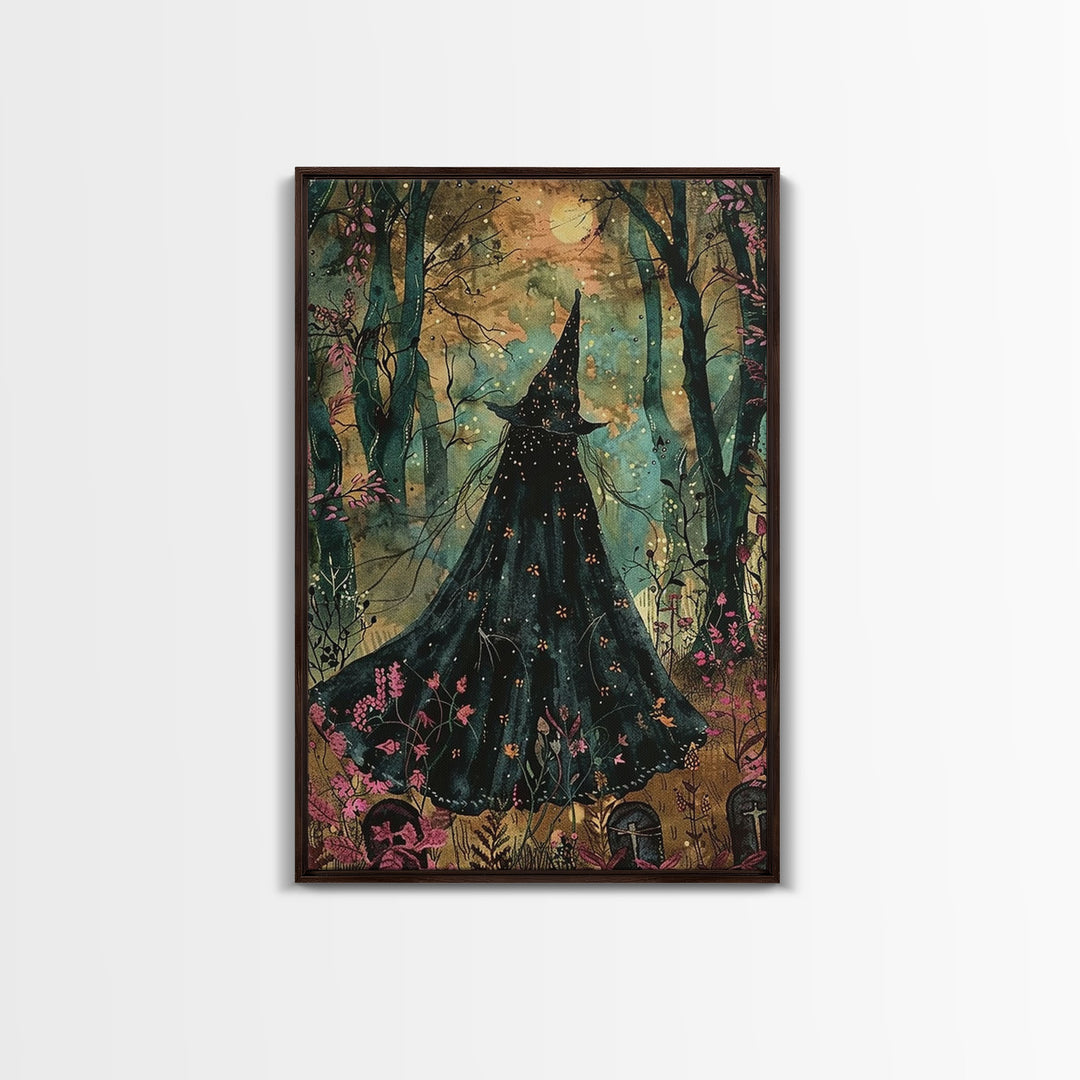 Halloween Witch in Dark Forest, Framed Canvas Print, Wall Art, Living Room Decor, Spooky, Witch Art, Original Painting, Home Decor