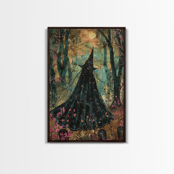 Halloween Witch in Dark Forest, Framed Canvas Print, Wall Art, Living Room Decor, Spooky, Witch Art, Original Painting, Home Decor