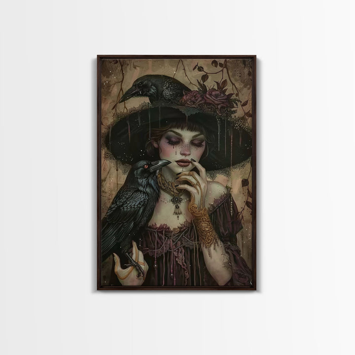 Cottage Core Witch With Raven Framed Canvas Print, Halloween Wall Decor / Wall Art, Spooky Witch, Spooky Month Gift Idea