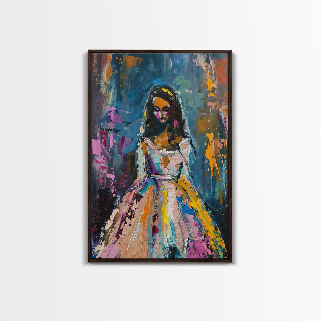 Halloween Bride with Colorful Dress, Framed Canvas Print, Wall Art, Living Room Decor, Spooky, Bride Art, Original Painting, Home Decor