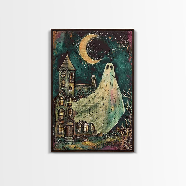 Halloween Ghost with Colorful Background, Framed Canvas Print, Wall Art, Spooky Decor, Halloween Decoration, Living Room Art, Unique Gift