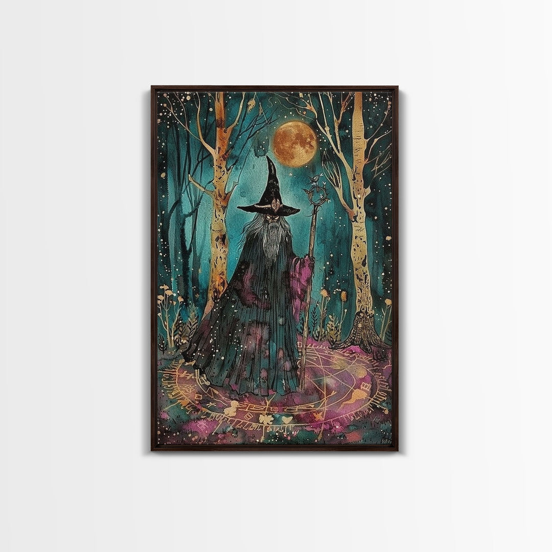 Halloween Wizard in Forest, Framed Canvas Print, Wall Art, Home Decor, Spooky Artwork, Magic Decor, Halloween Decor Painting, Holiday Decor