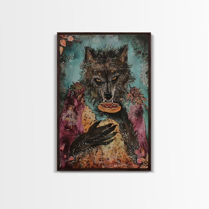 Halloween Werewolf Holding Hotdog, Framed Canvas Print, Wall Art, Home Decor, Spooky Artwork, Fantasy Decor, Halloween Decor